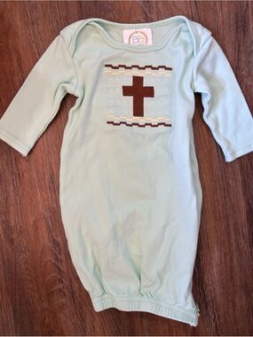 Blanks Boutique Mint Baby Gown with Brown Cross Applique